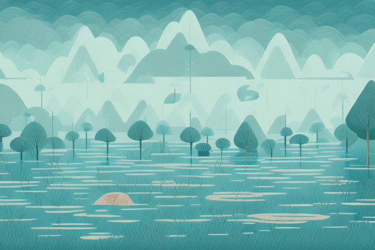 A flooded landscape with water levels rising