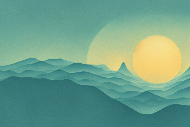 A dream-like landscape with a sun setting in the background