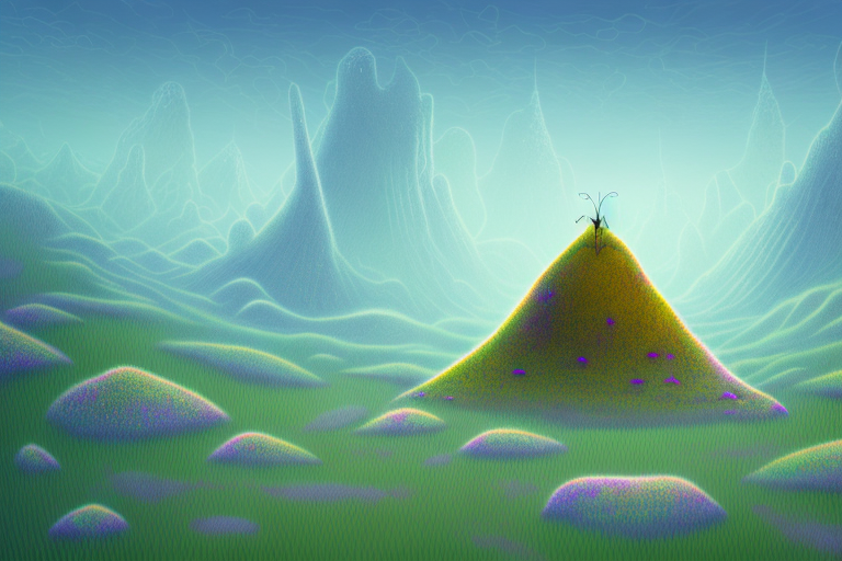 An ant hill surrounded by a dream-like landscape