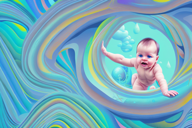 A baby crawling through a dreamscape of surreal shapes and colors
