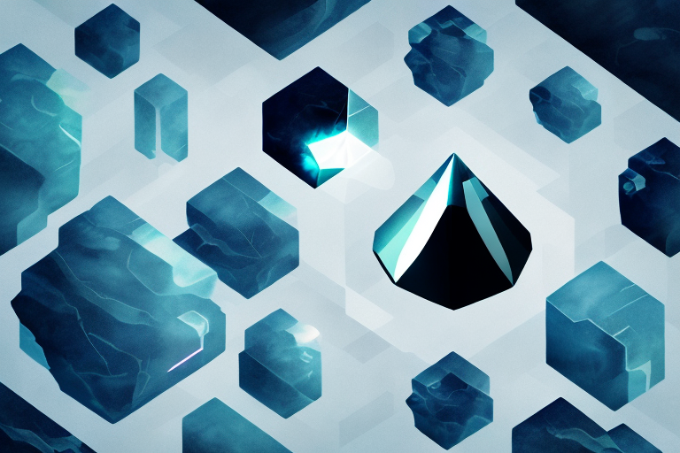 A black obsidian crystal surrounded by a dreamy