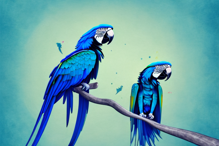 A vivid blue macaw perched atop a tree branch in a dream-like setting