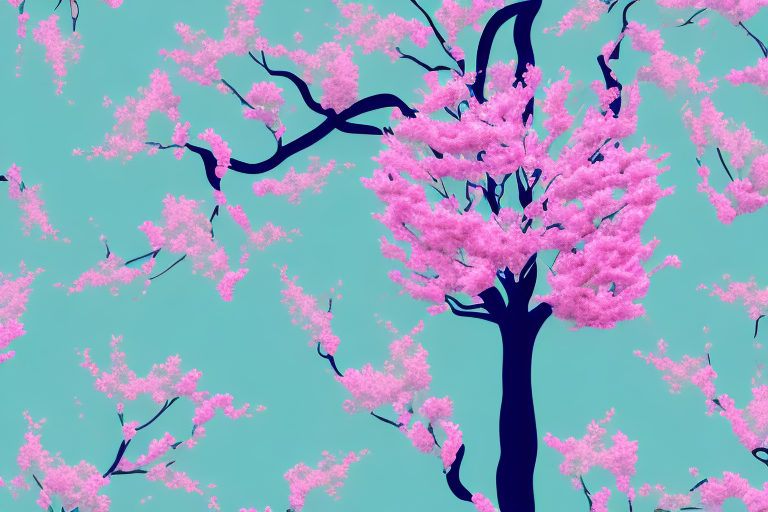 A dreamscape featuring a tree with pink blossoms