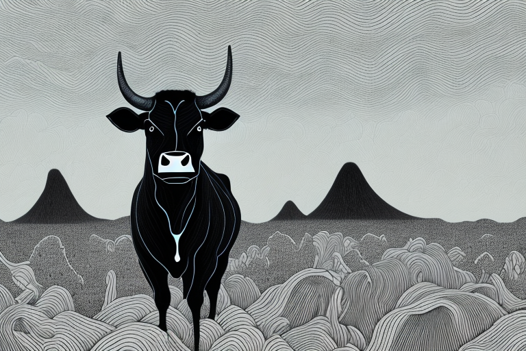 A black cow standing in a dream-like landscape