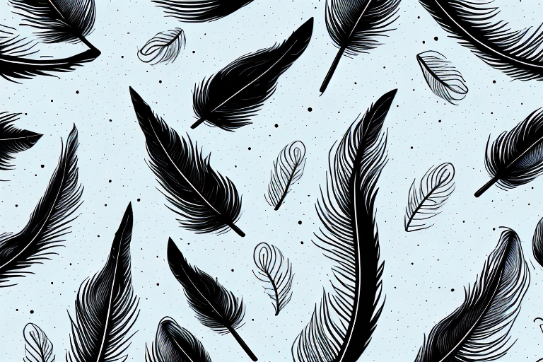 A black feather floating in a dreamy landscape