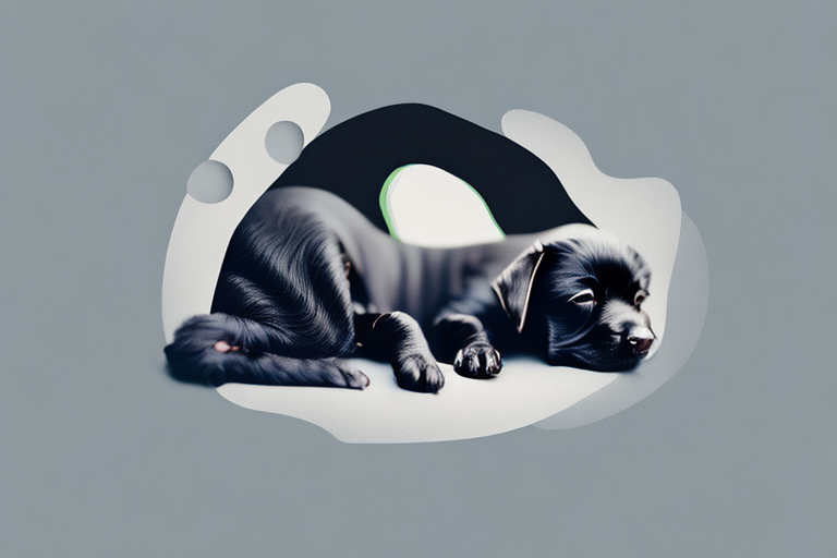 A black puppy sleeping peacefully in a dream-like environment