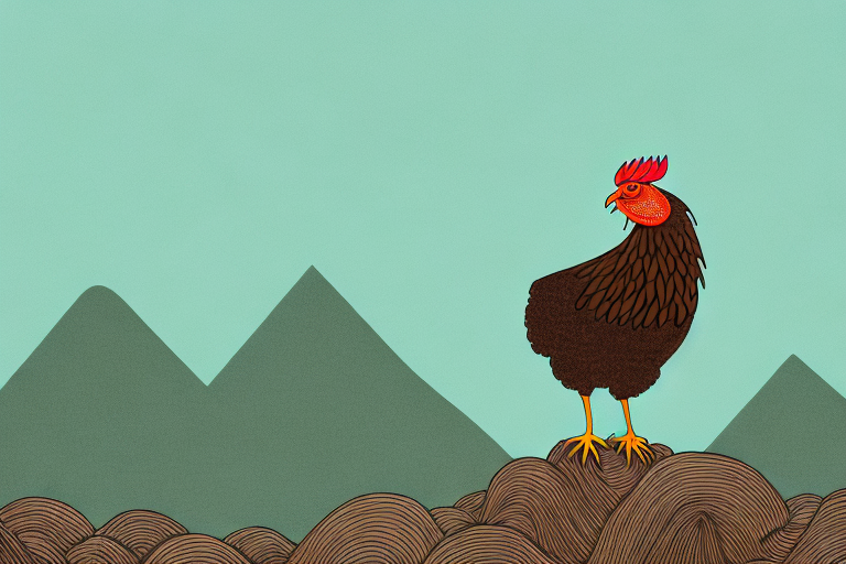 A brown chicken perched atop a dreamy landscape