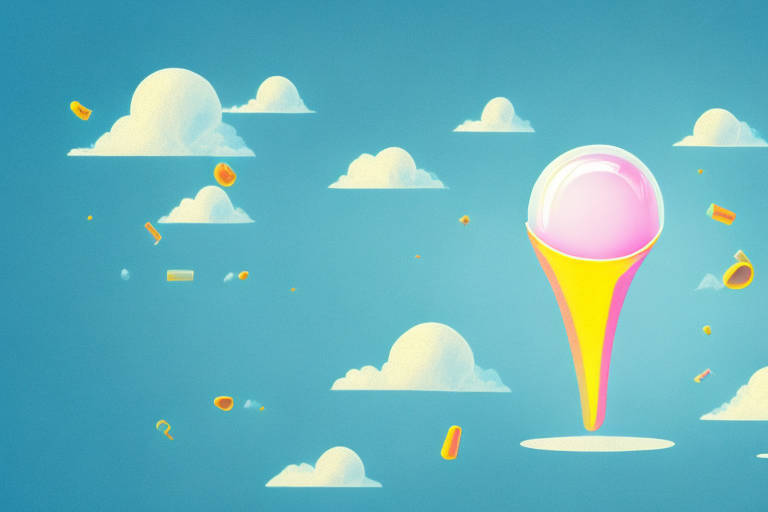A dreamscape with a colorful condom floating in the sky