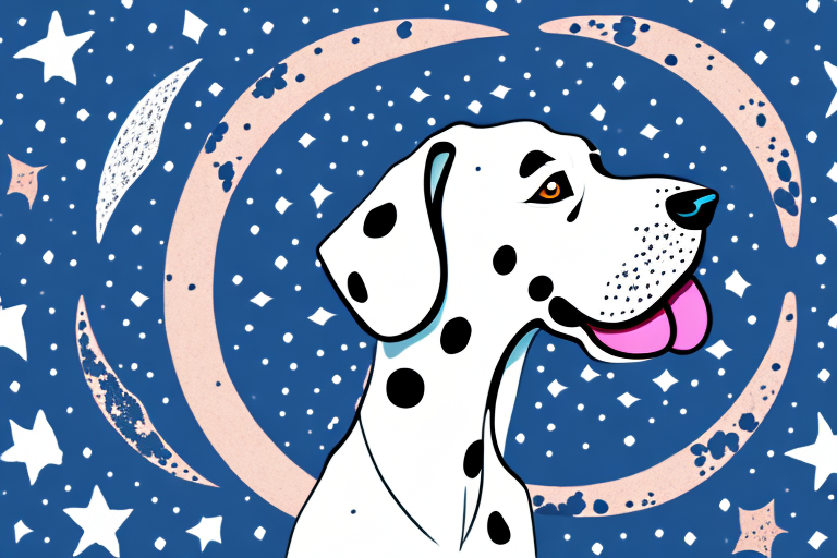 A dalmatian dog surrounded by stars and a crescent moon