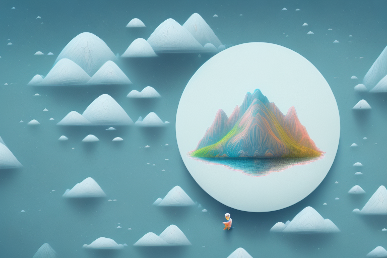 A surreal landscape with a baby-like creature in the center