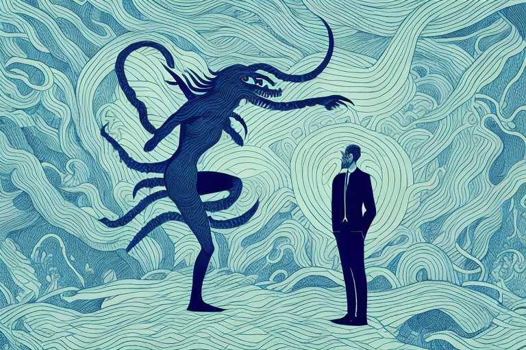 A demon looming over a person in a dreamscape