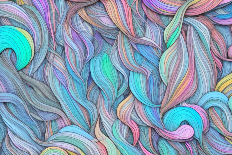 A dream-like landscape with a variety of different colored and textured fake hair pieces scattered throughout