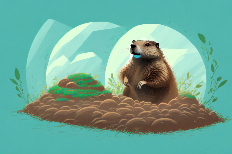 A groundhog emerging from its burrow in a dream-like setting