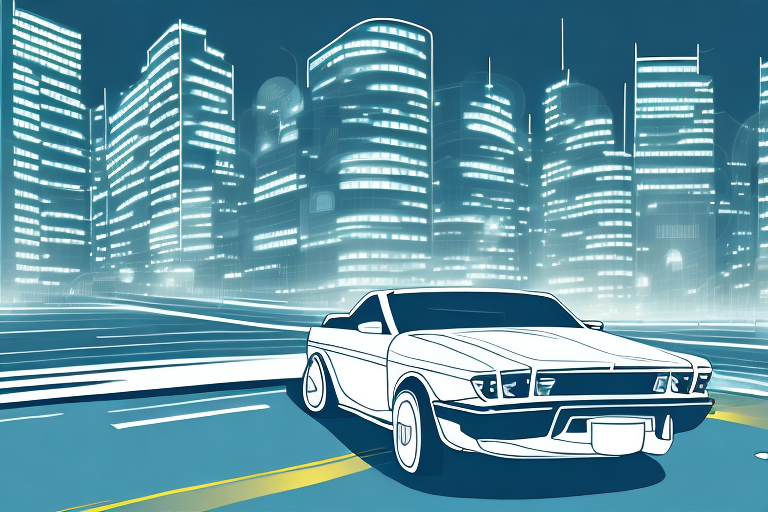 A car speeding through a city street at night