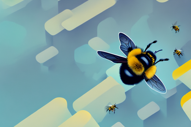 A bumblebee flying amidst a dream-like landscape