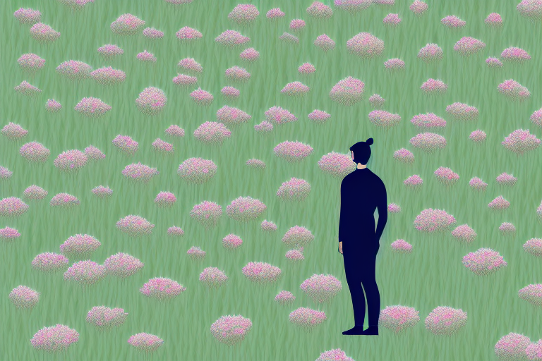A person standing alone in a field of flowers