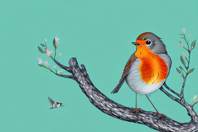 A robin perched atop a tree branch in a dreamy landscape