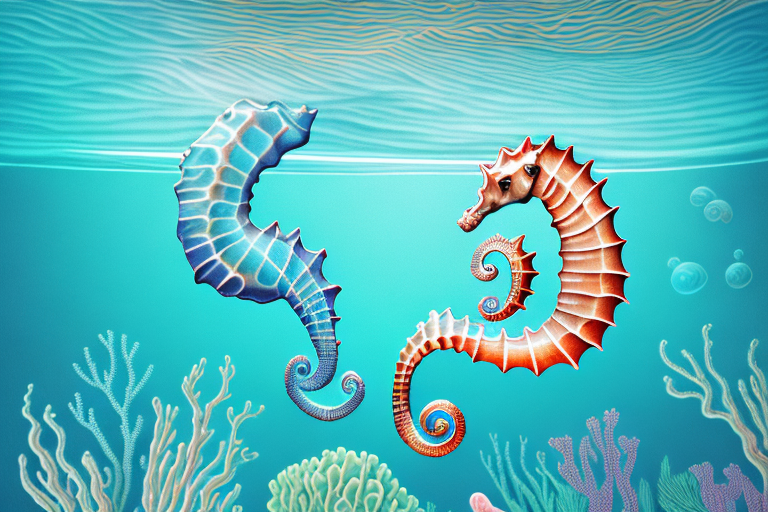 A seahorse swimming in a dream-like underwater environment