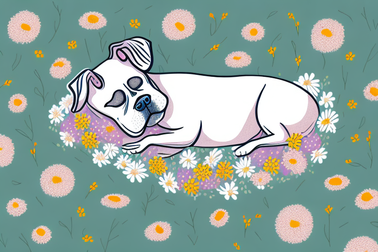 A dog sleeping peacefully in a bed of flowers