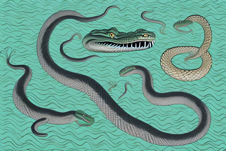A snake and a crocodile in a dream-like setting