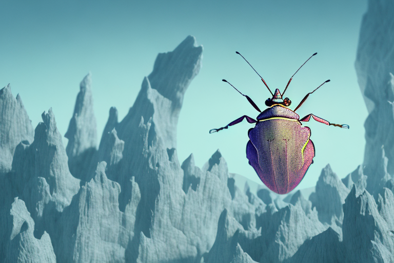 A stink bug surrounded by a dream-like landscape