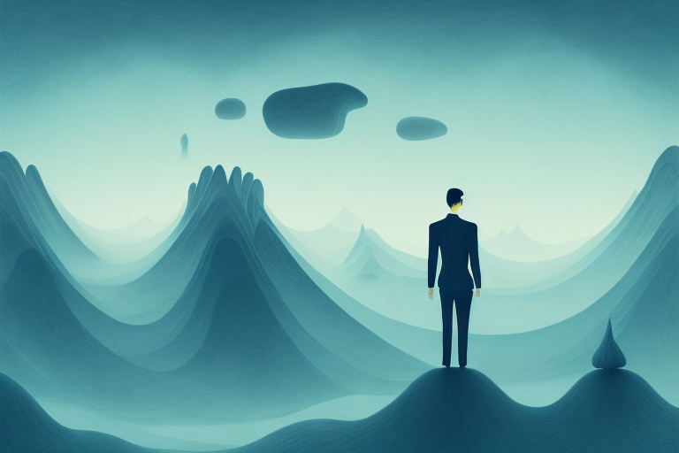 A dreamscape featuring a surreal landscape with a mysterious figure in the distance