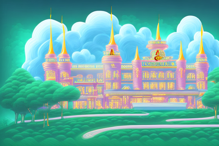 A dream-like landscape with a casino in the background