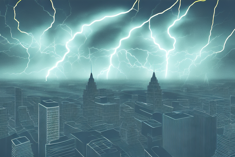 A dark city skyline with a lightning bolt illuminating the sky