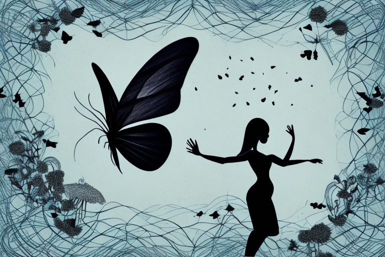 A black butterfly surrounded by a dream-like landscape