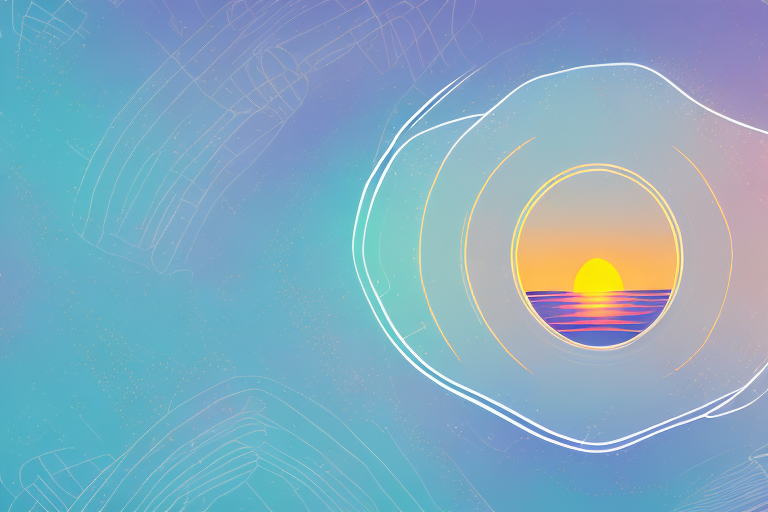 A dreamscape with a sunrise in the background