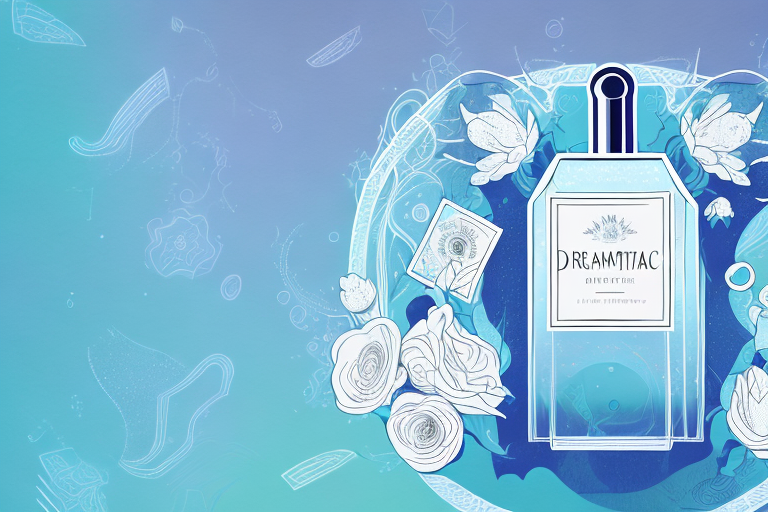 A dreamscape with a mysterious bottle of perfume in the center