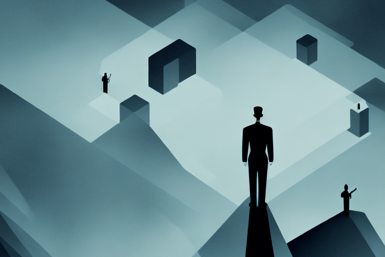 A dark and mysterious dreamscape with a shadowy figure in the foreground