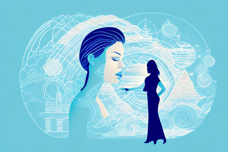 A dreamscape with a woman's silhouette in the foreground