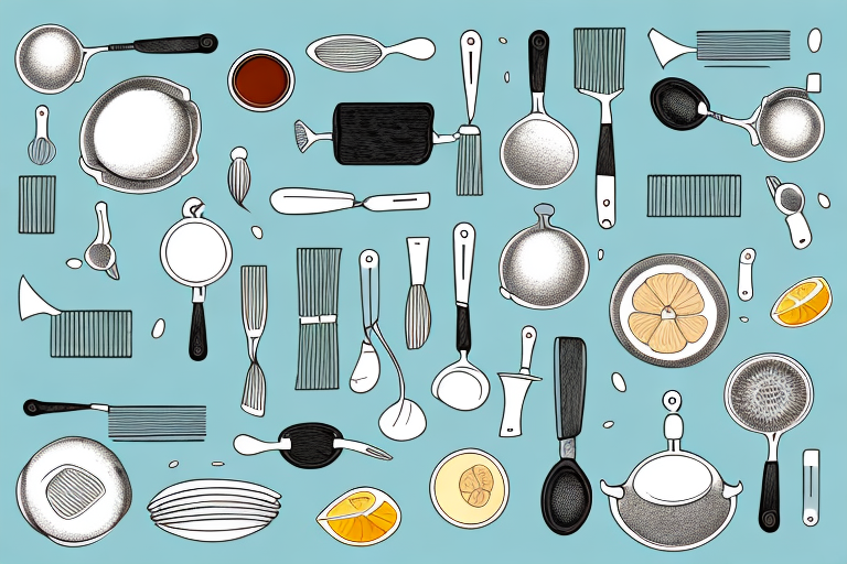 A restaurant kitchen with various cooking utensils and ingredients