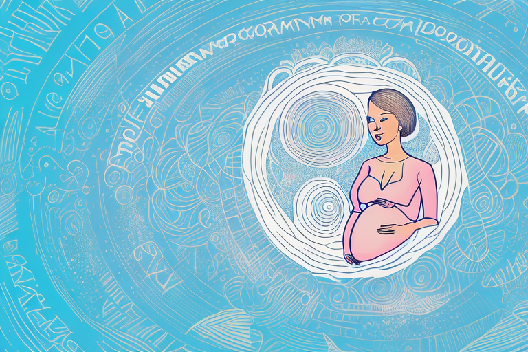 A dreamscape with a pregnant woman in the center