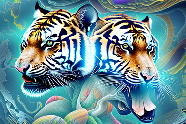 A tiger chasing a person through a dreamscape of surreal imagery
