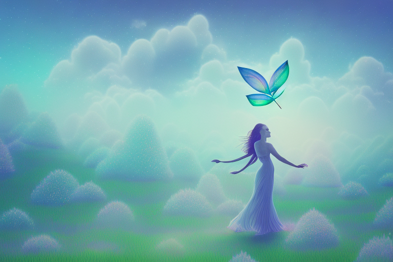 A dreamy landscape with a fairy flying in the sky