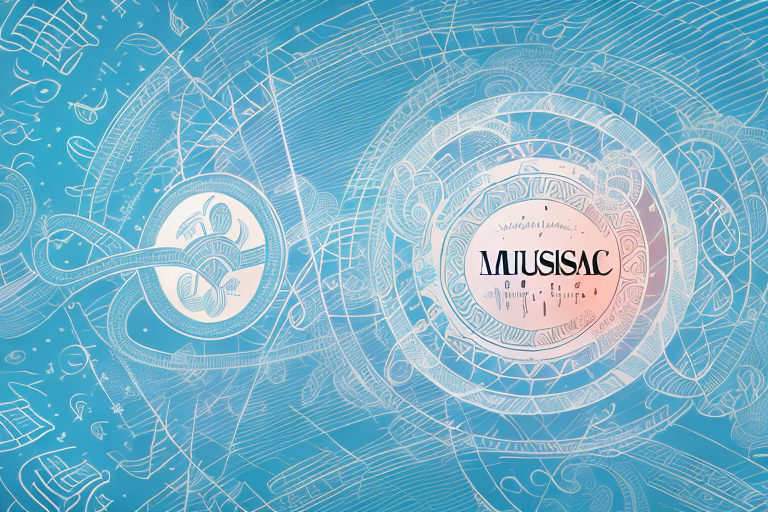 A dreamscape with musical notes and symbols floating in the sky