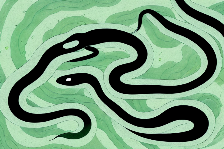 A black and green snake in a dream-like setting
