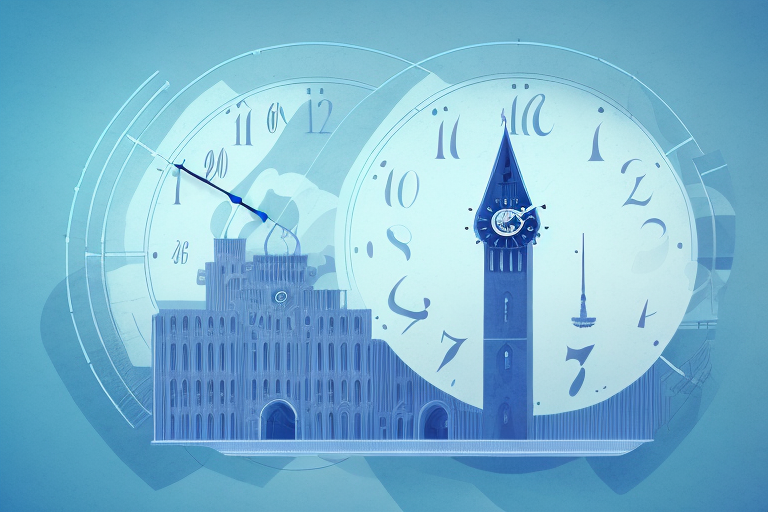 A dream-like landscape featuring a large clock tower