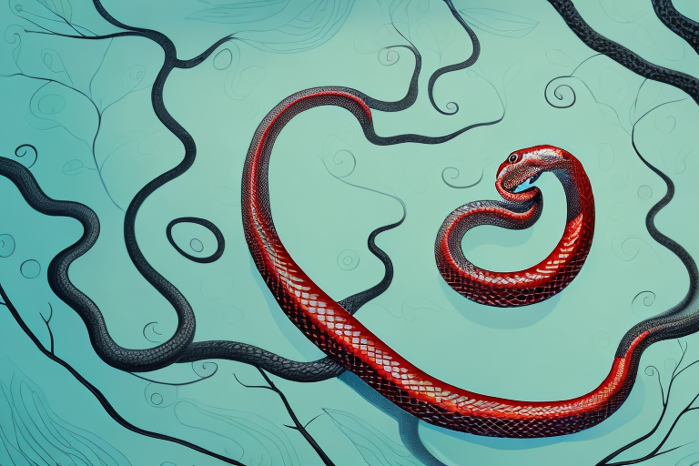 A red snake coiled around a tree branch in a dream-like setting