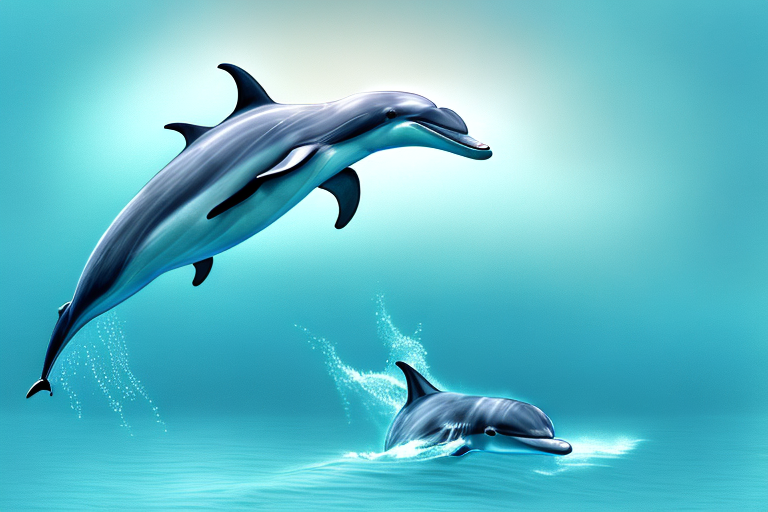 A dolphin swimming in a dream-like underwater environment